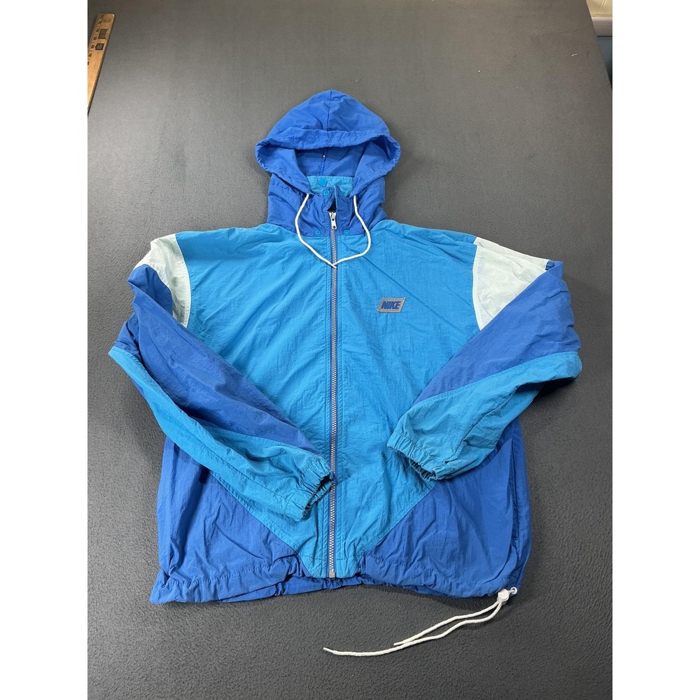 Nike Windbreaker Jacket Mens M Blue Hooded Full Zip Lined Colorblock‎ Athletic